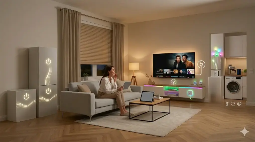 Eine Frau sitzt mit einem Tablet auf dem Sofa.