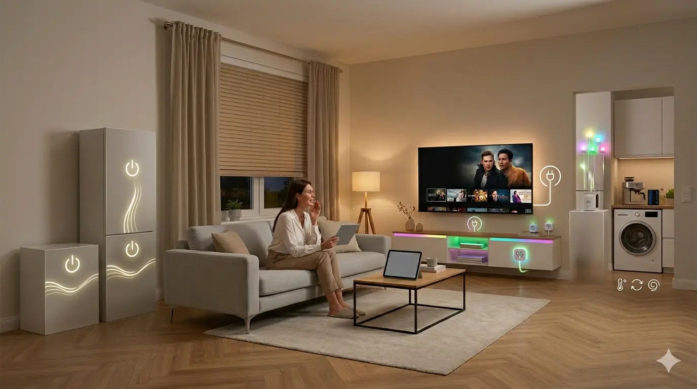 Eine Frau sitzt mit einem Tablet auf dem Sofa im Wohnzimmer. Grafische Einblendungen veranschaulichen, wie smarte Zwischenstecker den Standby-Verbrauch von Geräten wie TV, Spielekonsole und Beleuchtung überwachen und automatisch abschalten.