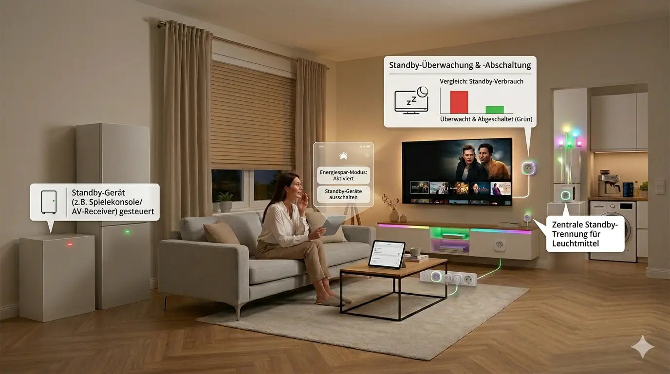 Eine Frau sitzt mit einem Tablet auf dem Sofa im Wohnzimmer. Grafische Einblendungen veranschaulichen, wie smarte Zwischenstecker den Standby-Verbrauch von Geräten wie TV, Spielekonsole und Beleuchtung überwachen und automatisch abschalten.