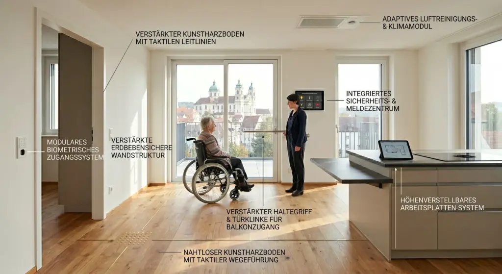 Eine realistische Infografik einer barrierefreien Wohnung mit einer Seniorin im Rollstuhl und einer Beraterin. Deutsche Beschriftungen zeigen technische Kriterien wie ein höhenverstellbares Arbeitsplatten-System und ein integriertes Sicherheitszentrum.