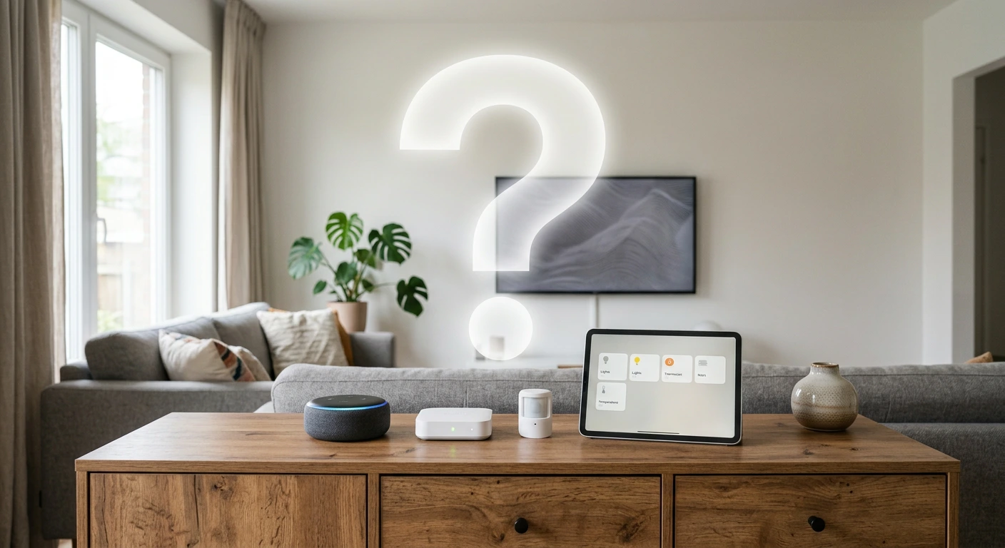 Modernes Wohnzimmer mit Sofa und Zimmerpflanzen, im Vordergrund stehen auf einem Holzsideboard ein smarter Lautsprecher, ein kompakter Smarthome-Hub, ein kleiner Sensor und ein Tablet mit Smarthome-Steuerungs-App; darüber schwebt ein großes leuchtendes Fragezeichen.