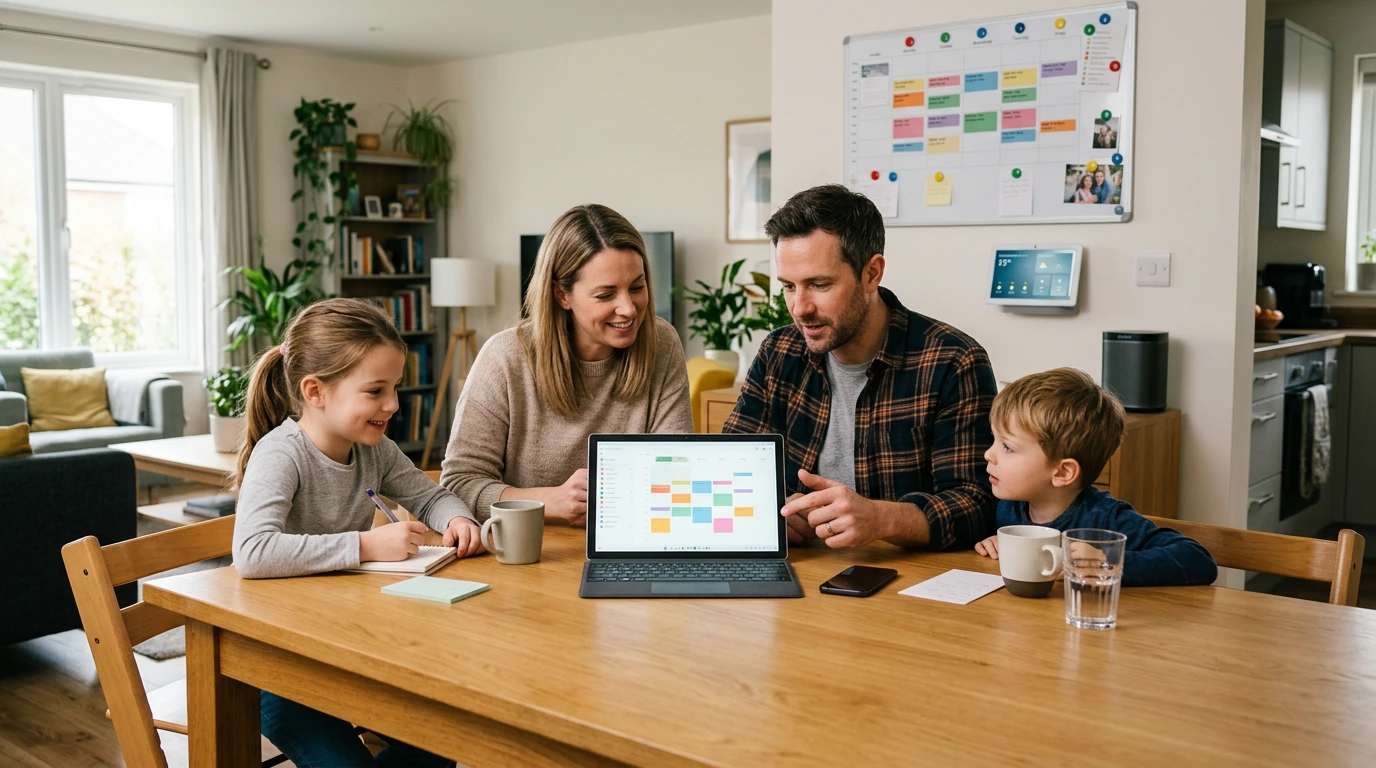 Familie mit zwei Kindern sitzt an einem Holztisch und plant gemeinsam die Woche, auf dem Laptop in der Mitte ist ein farbiger digitaler Kalender zu sehen; im Hintergrund hängt ein großer Haushaltsplan an der Wand neben einem smarten Wanddisplay.