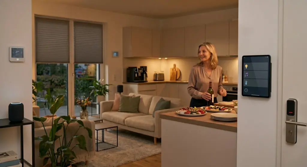 Eine lächelnde Frau bereitet in ihrer modern beleuchteten Küche das Abendessen vor. An der Wand im Vordergrund befindet sich ein Smart-Home-Tablet zur zentralen Steuerung von Licht, Musik und Temperatur, daneben ein intelligentes Türschloss.