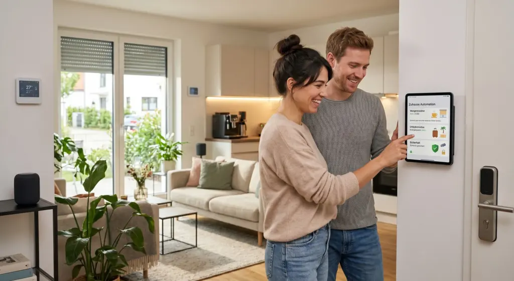 Ein lächelndes Paar steht im Flur ihres modernen Zuhauses und bedient gemeinsam ein Smart-Home-Tablet an der Wand, das Funktionen wie Morgenroutine, Urlaubsmodus und Sicherheit anzeigt.