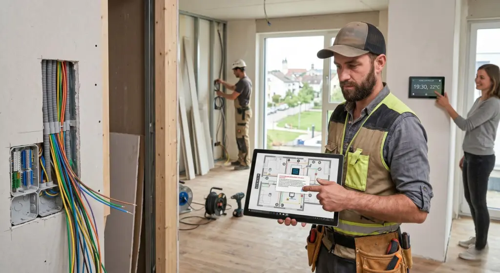 Ein Handwerker auf einer Neubau-Baustelle hält ein Tablet mit einem digitalen Smart-Home-Grundriss. Im Hintergrund werden bunte Kabel in eine offene Wand integriert, während eine Frau ein bereits installiertes Smart-Display an der Wand testet.