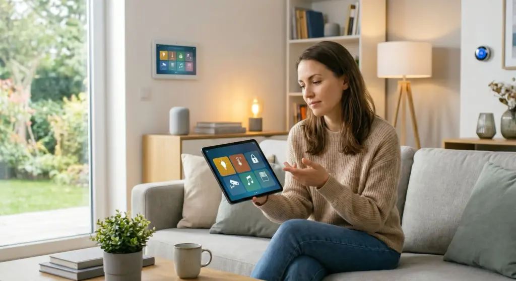 Frau sitzt im modernen Wohnzimmer auf der Couch und bedient eine Smart-Home-App auf ihrem Tablet zur Hausautomation.
