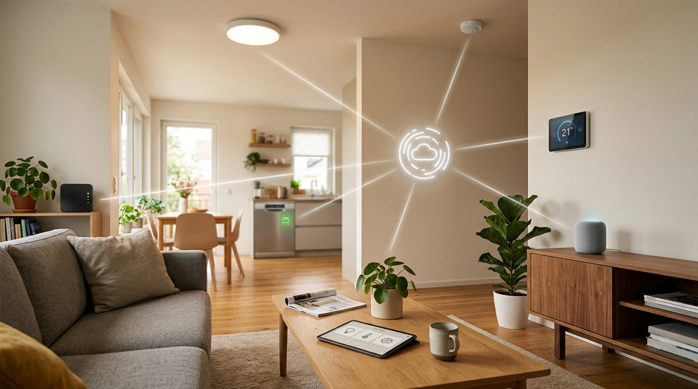 Helles Wohn- und Esszimmer mit Sofa, Esstisch und offener Küche; in der Raummitte ist ein leuchtendes Cloud-Symbol mit Linien zu einem Wandthermostat, einem smarten Lautsprecher, einem Gateway-Router und einem vernetzten Haushaltsgerät dargestellt.