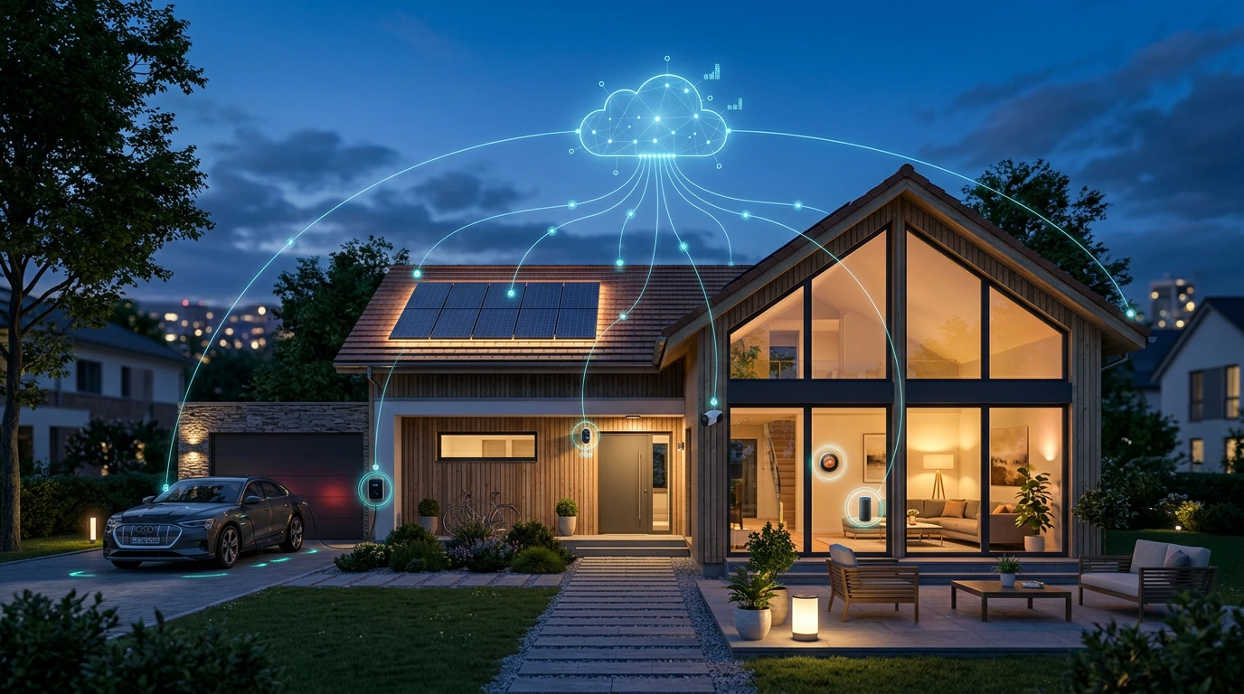 Abendaufnahme eines modernen Einfamilienhauses mit großer Fensterfront, Photovoltaik-Anlage auf dem Dach und geparktem Elektroauto in der Einfahrt; grafische Linien verbinden mehrere Smart-Home- und IoT-Symbole am Haus mit einer leuchtenden Cloud über dem Gebäude.
