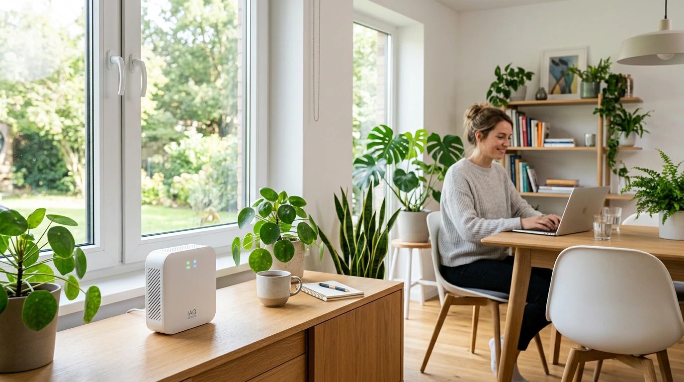 Helles Homeoffice mit großer Fensterfront und vielen Zimmerpflanzen; im Vordergrund steht auf einem Holzsideboard ein kompakter Luftqualität-Sensor mit leuchtenden Status-LEDs, im Hintergrund arbeitet eine Person an einem Laptop am Esstisch.