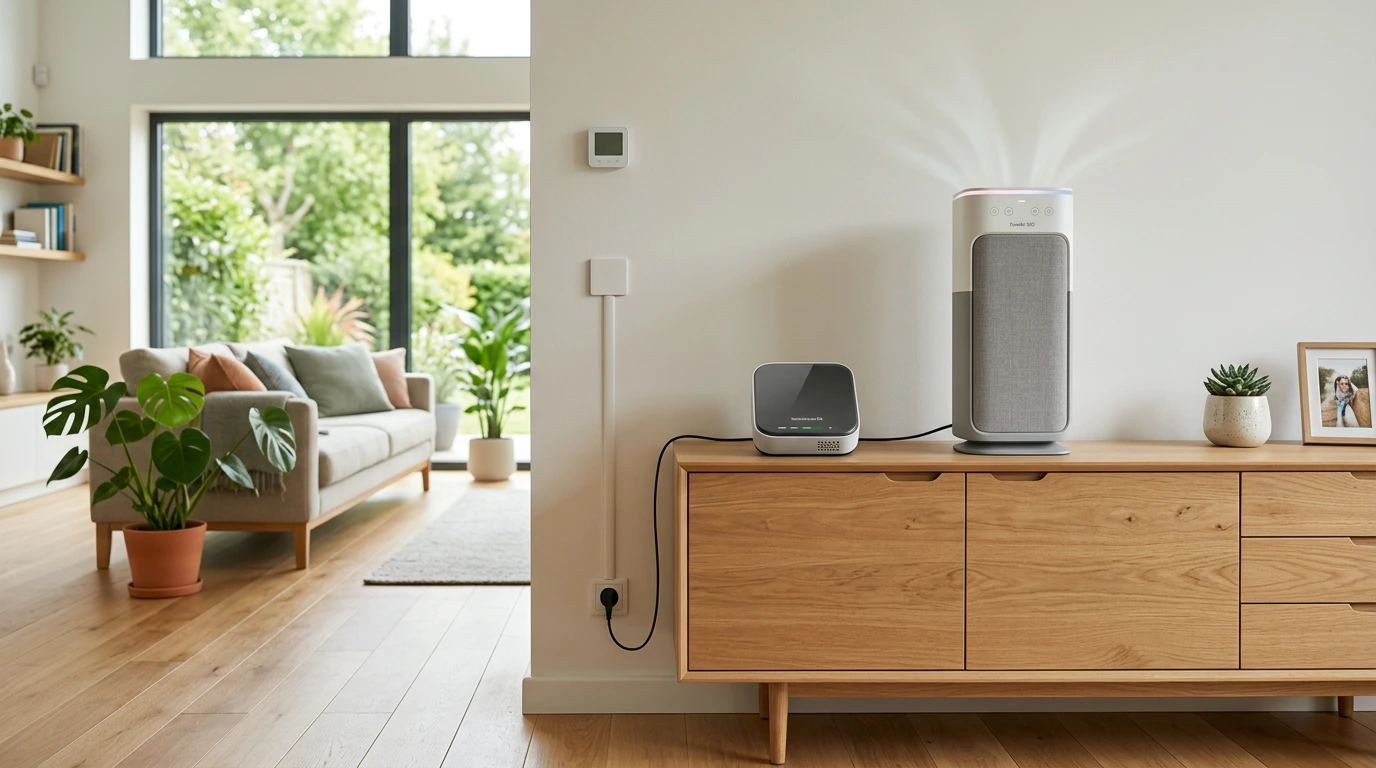 Modernes Wohnzimmer mit großem Sofa und Zimmerpflanzen im Hintergrund; im Vordergrund stehen auf einem Holzsideboard ein hoher Luftreiniger mit beleuchteter Oberseite und ein kleiner Luftqualitäts-Sensor, daneben ein gerahmtes Foto und eine Pflanze.