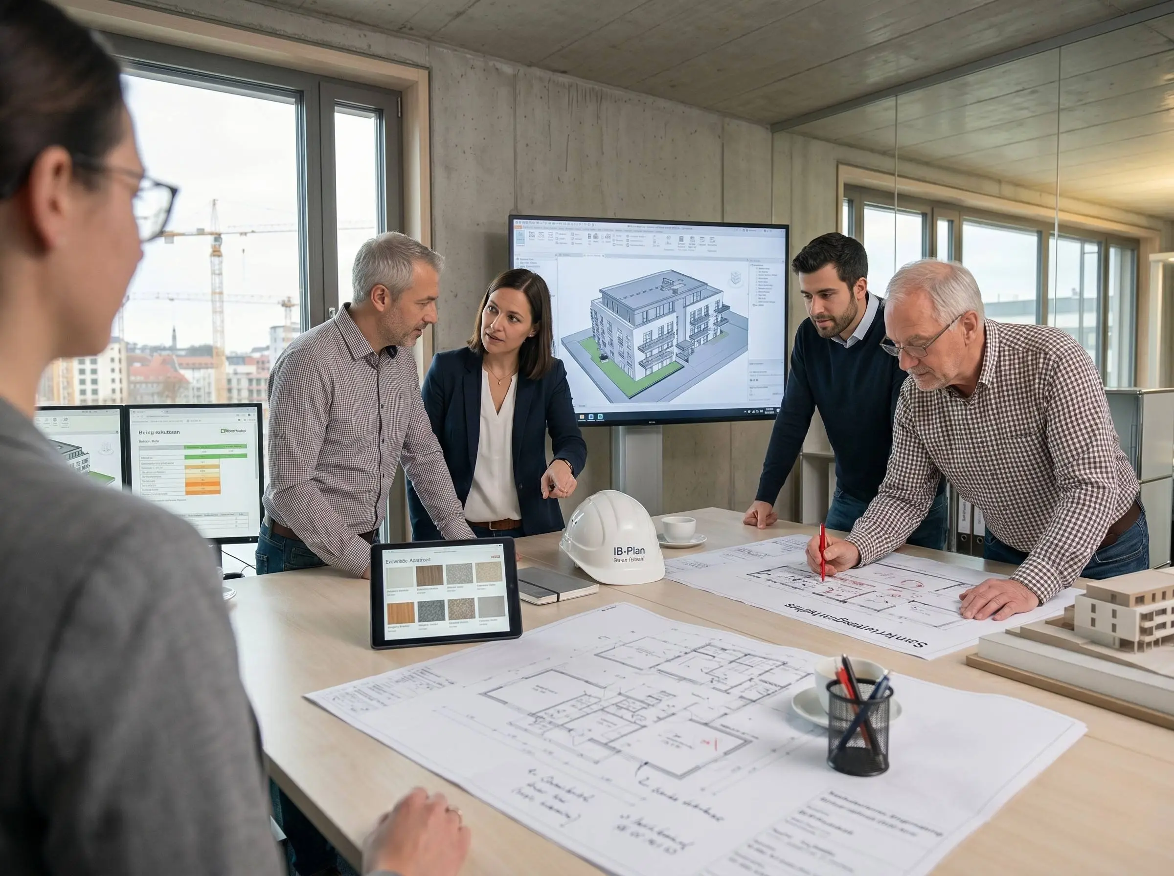 Architekten und Planer besprechen Baupläne für Sanierung und Neubau am Besprechungstisch im Architekturbüro.