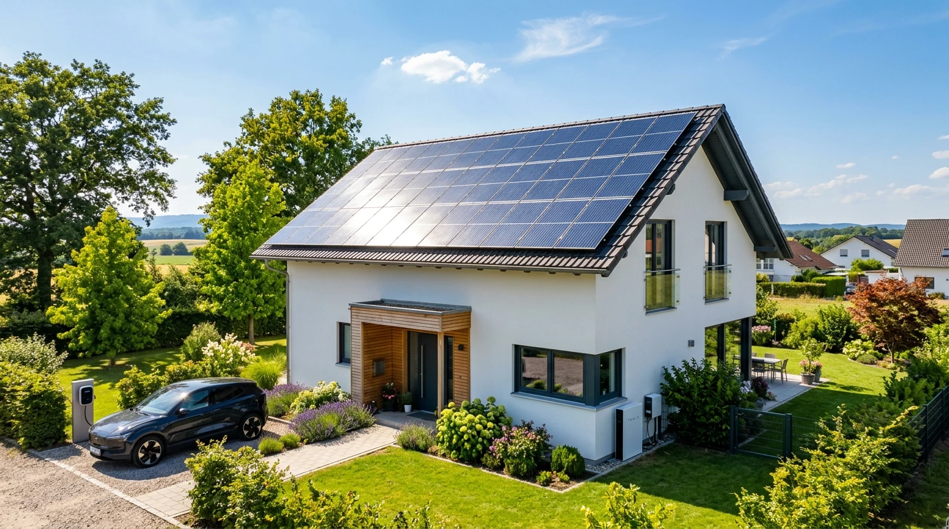 Modernes Einfamilienhaus an einem sonnigen Tag mit großflächiger Photovoltaikanlage auf dem Dach, gepflegtem Garten, geparktem Elektroauto an der Wallbox und seitlich montierten Energie- und Haustechnikkomponenten.