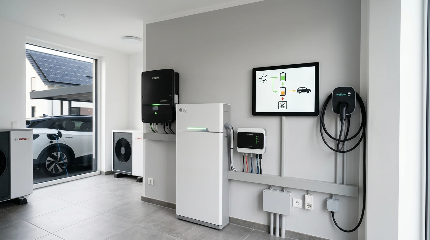 Moderner Technikraum mit PV-Wechselrichter, großem Batteriespeicher, Wärmepumpen-Inneneinheit, Wanddisplay zur Visualisierung der Energieflüsse und Wallbox-Ladestation, durch das Fenster ist ein Haus mit Solardach und ein ladendes Elektroauto zu sehen.