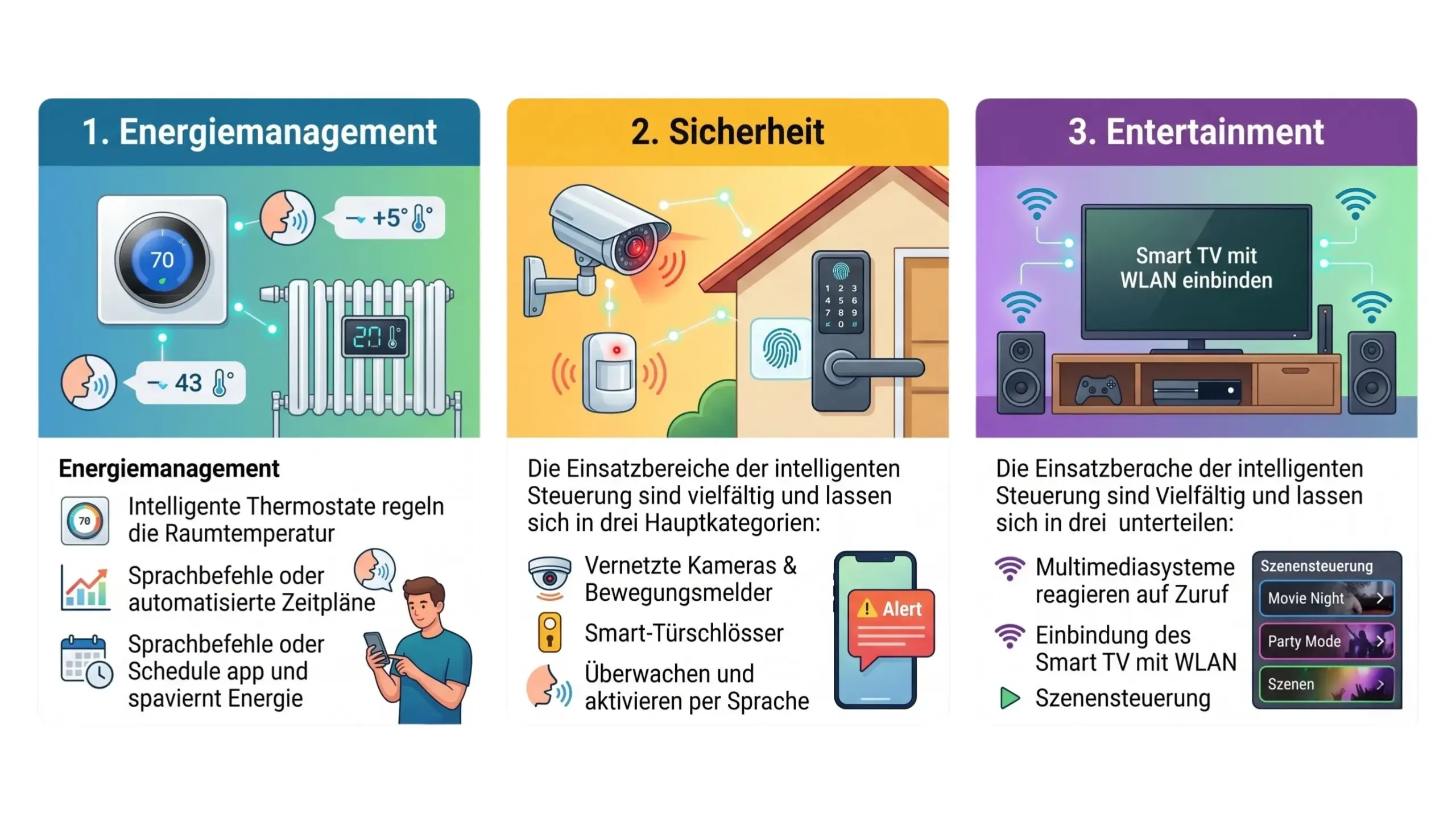 Infografik zu Smart Home Funktionen aufgeteilt in drei farbige Spalten: Energiemanagement (Blau) mit Thermostat und Heizung, Sicherheit (Gelb) mit Überwachungskamera und smartem Türschloss sowie Entertainment (Lila) mit Smart TV und Szenensteuerung.