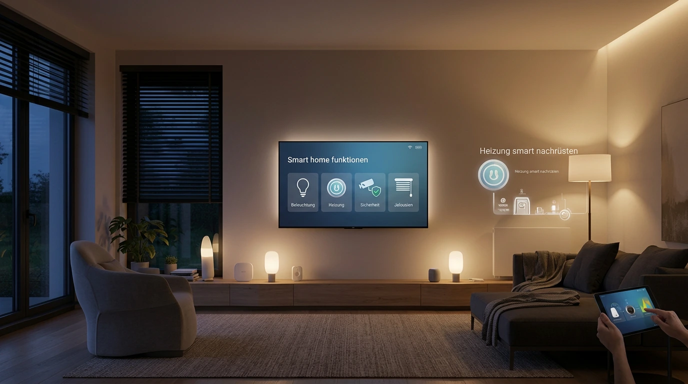 Abendlich beleuchtetes Wohnzimmer mit Sofa, Sessel, Lampen und großem Wandfernseher, auf dem eine Smart-Home Oberfläche mit Funktionen für Beleuchtung, Heizung, Sicherheit und Jalousien angezeigt wird; rechts steuert eine Person mit einem Tablet die Heizungsnachrüstung.
