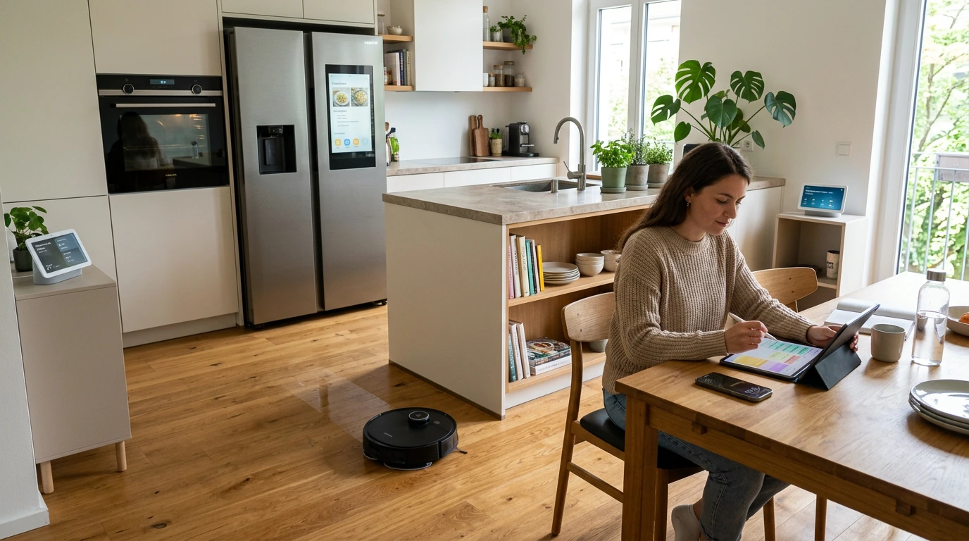 Moderne Wohnküche mit Edelstahl-Kühlschrank inklusive Display, smartem Wandbildschirm und Robotersauger auf dem Holzboden; am Esstisch sitzt eine Frau und organisiert einen farbigen digitalen Haushaltsplan auf ihrem Tablet.