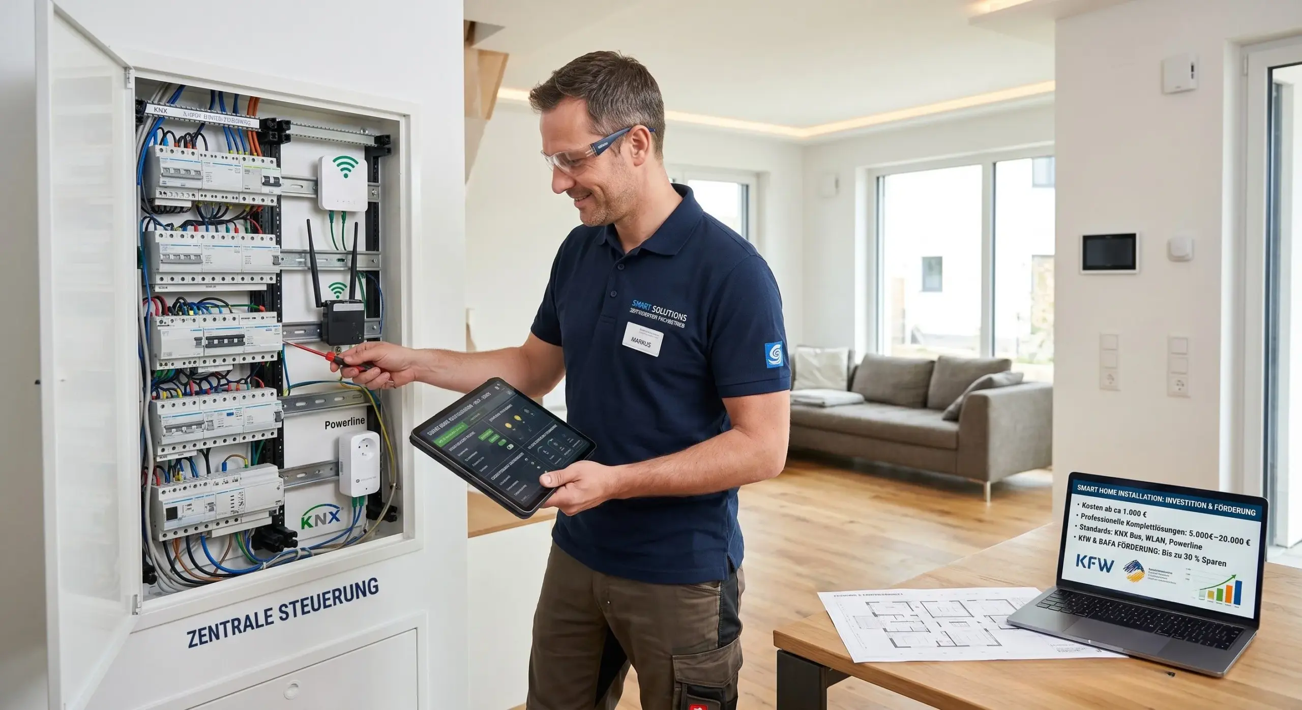 Elektriker eines Fachbetriebs konfiguriert die zentrale Steuerung einer Smart-Home-Installation mit einem Tablet vor einem offenen Verteilerkasten.