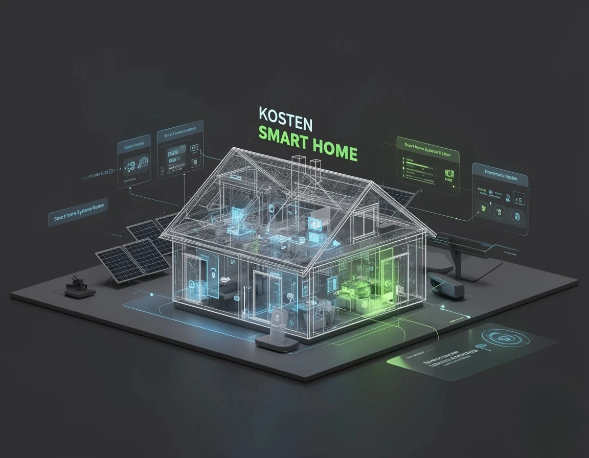 3D-Illustration eines transparenten Einfamilienhauses auf dunklem Hintergrund, in dem smarte Geräte und Räume leuchten; rundherum sind virtuelle Panels mit Informationen zu Smart-Home-Systemkosten, Photovoltaik, Energieverbrauch und Komponentenpreisen eingeblendet.