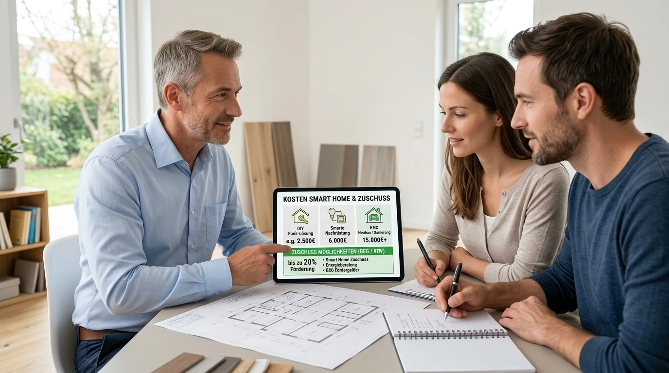 Drei Personen sitzen an einem Tisch im hellen Büro und besprechen anhand von Grundrissplänen und einem Tablet mit der Überschrift „Kosten Smart Home & Zuschuss“ verschiedene Smart-Home Lösungen und Fördermöglichkeiten; der Berater erklärt dem Paar die Preisbereiche und Zuschussoptionen.