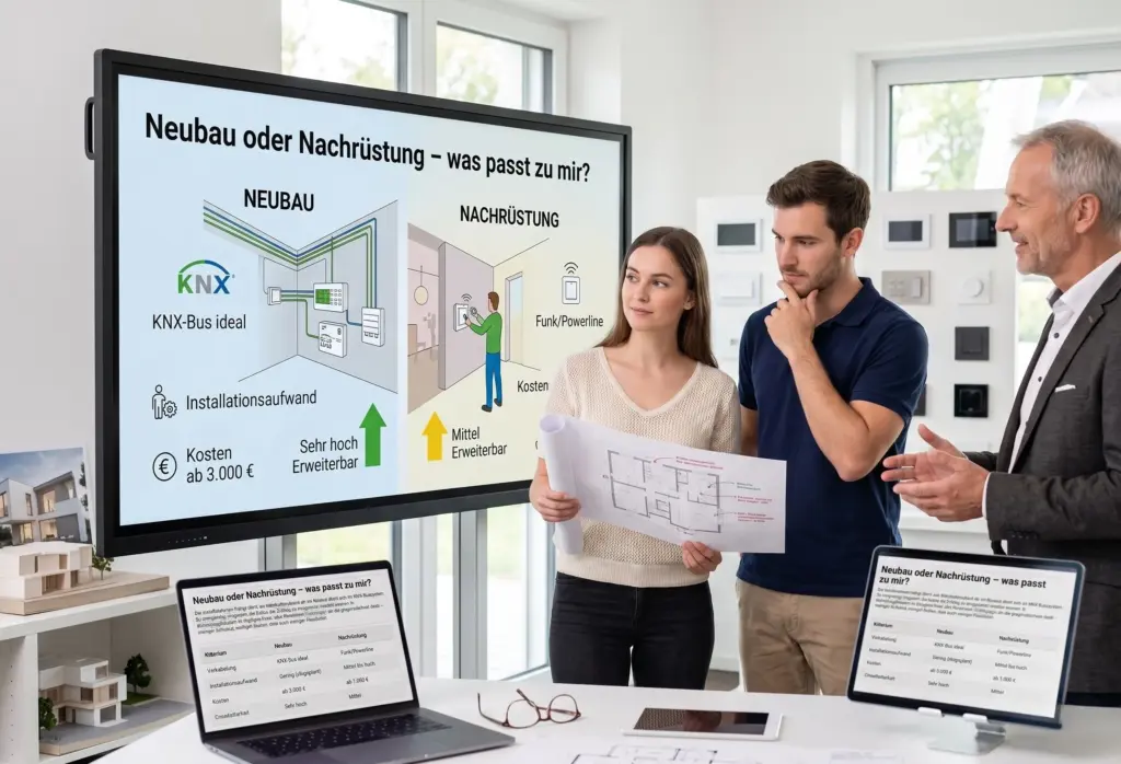 Fachberater erklärt einem Paar an einem großen Bildschirm die Unterschiede und Kosten von Smart-Home-Systemen für den Neubau mit KNX im Vergleich zur Nachrüstung mit Funk.