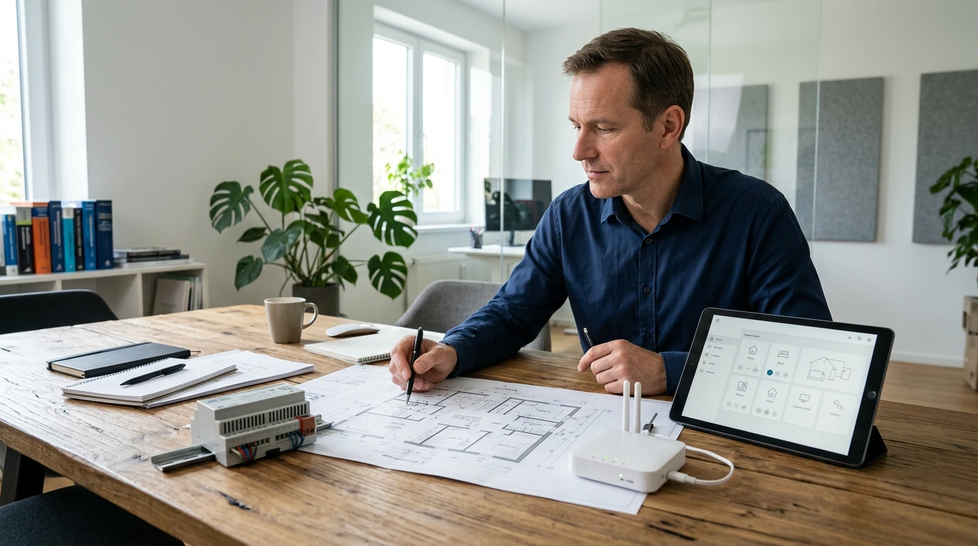Mann sitzt an einem Holztisch im Büro und plant ein Haus anhand eines ausgebreiteten Grundrisses, neben ihm stehen ein Smart-Home-Gateway mit Antennen und ein Tablet mit geöffneter Smart-Home-Steuerungsoberfläche.
