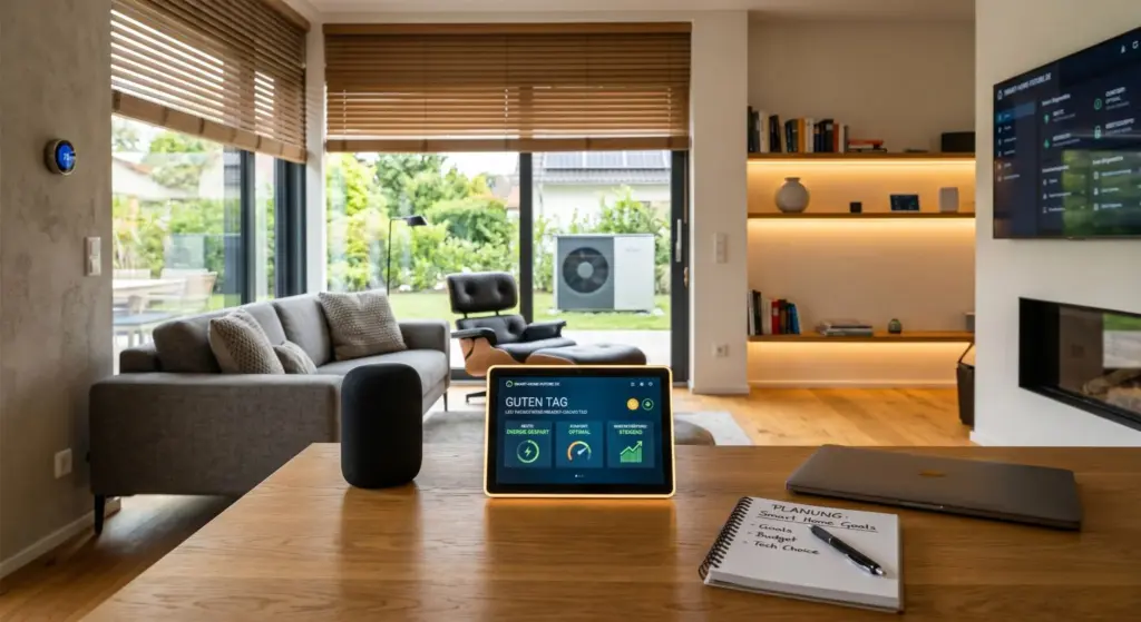 Tablet mit Smart-Home-Dashboard und Notizblock zur Planung von Zielen, Budget und Technologie auf einem Tisch in einem modernen Wohnzimmer mit Blick auf eine Wärmepumpe im Garten.