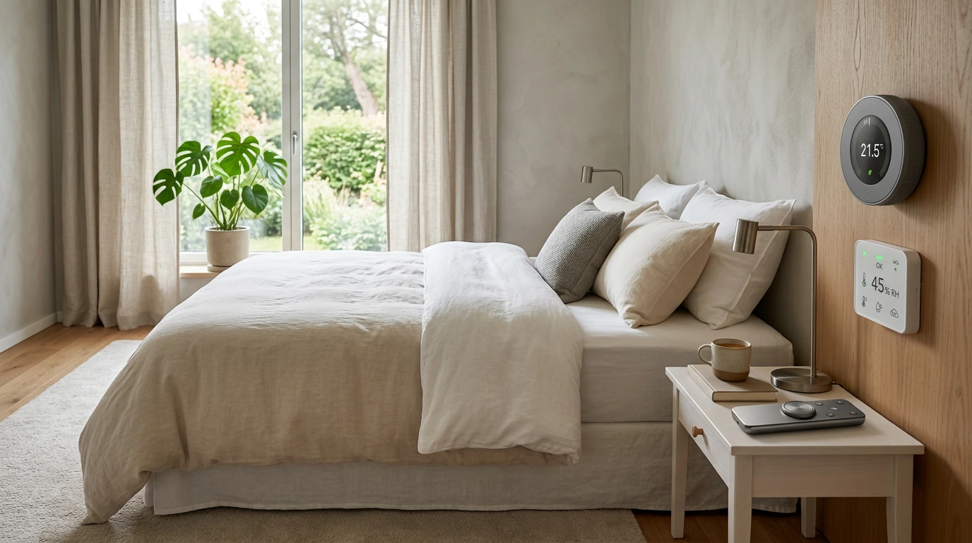 Helles Schlafzimmer mit großem Bett, Pflanzen vor der Fensterfront und zwei smarten Wandgeräten rechts – einem runden digitalen Thermostat mit Temperaturanzeige und einem rechteckigen Feuchtigkeitssensor mit Prozentwert und Symbolen.