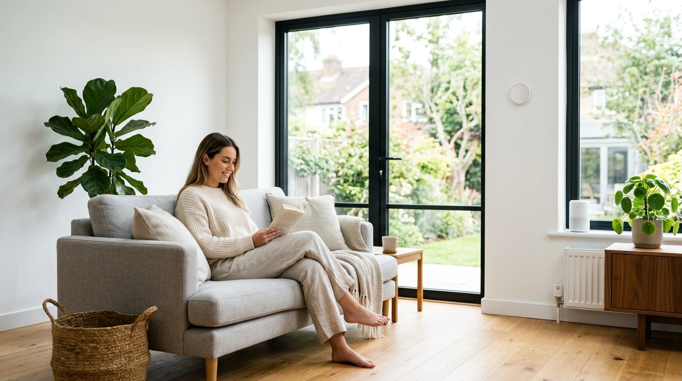Helles Wohnzimmer mit großer Glasfront, in dem eine Frau entspannt auf einem grauen Sofa sitzt und liest, während Pflanzen, ein Heizkörper und ein unauffälliger Wand- und Fenster-Sensor für ein angenehm geregeltes Raumklima sorgen.