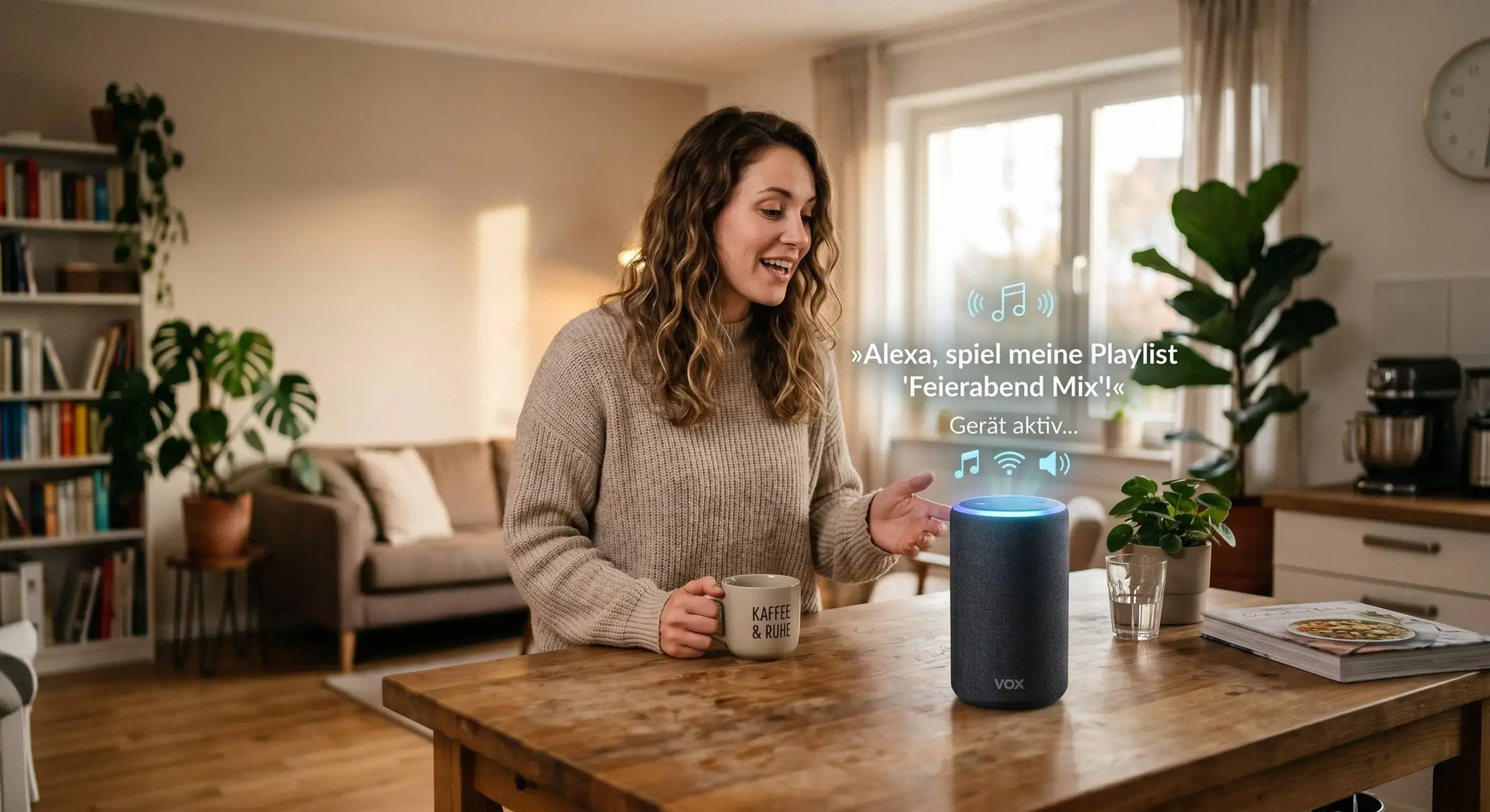 Eine junge Frau sitzt in einem gemütlichen Wohnzimmer an einem Holztisch und spricht mit einem zylinderförmigen Smart-Home-Lautsprecher.