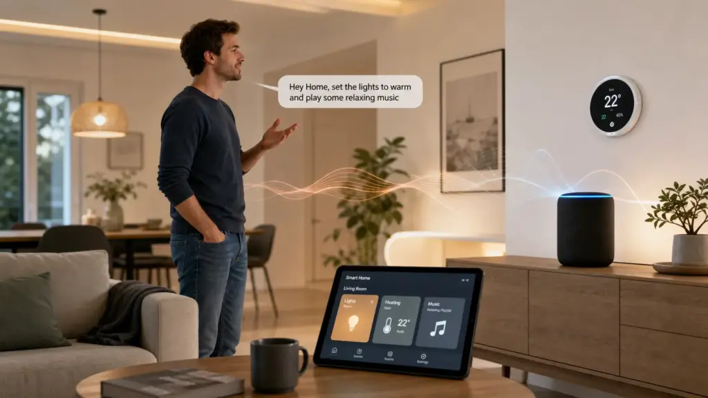Modernes Smart-Living-Wohnzimmer mit Sprachsteuerung, Smart Speaker, Thermostat und zentraler Steuerung per Tablet