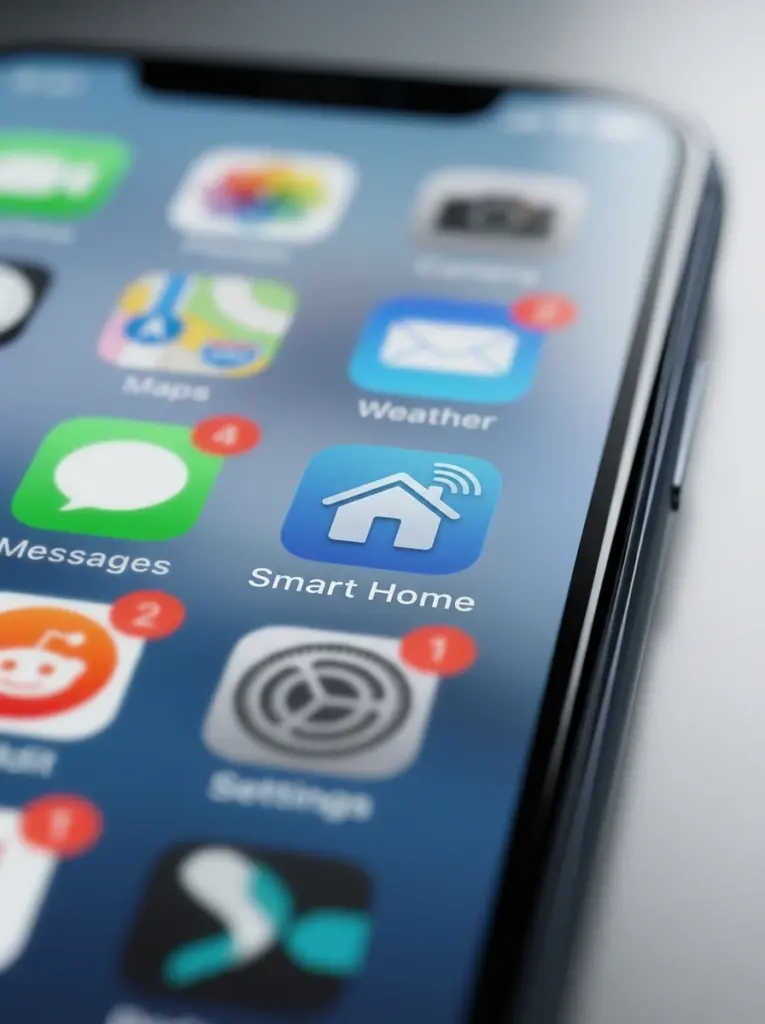 Nahaufnahme eines Smartphone-Homescreens, auf dem ein blaues „Smart Home“-App-Icon mit Haus- und Funksymbol zwischen anderen Apps wie Nachrichten, Karten und Wetter hervorgehoben ist.