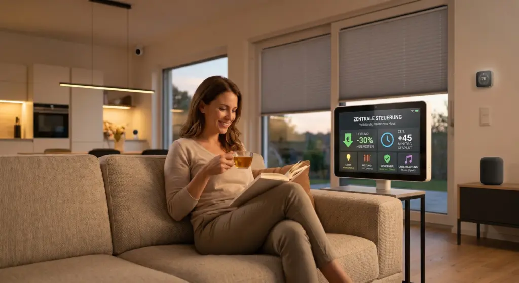Eine entspannte Frau liest auf dem Sofa in ihrem vollständig vernetzten Smart Home. Im Hintergrund zeigt ein Display die zentrale Steuerung für Heizung, Beleuchtung, Sicherheit und Unterhaltung sowie Einsparungen von 30 % Heizkosten und 45 Minuten Zeitersparnis.