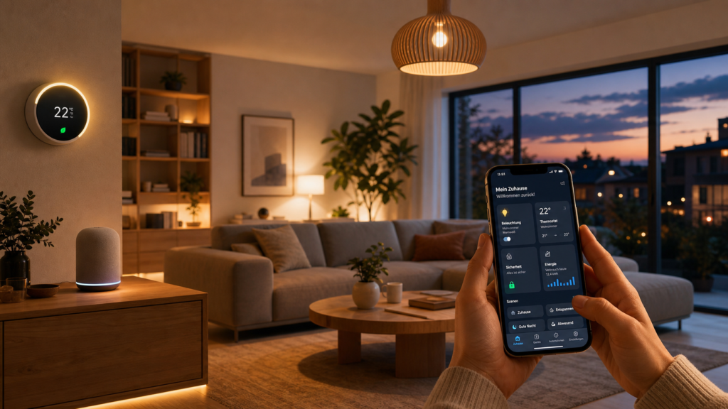Modernes Smart-Living-Wohnzimmer mit smarter Beleuchtung, Thermostat und Steuerung per Smartphone