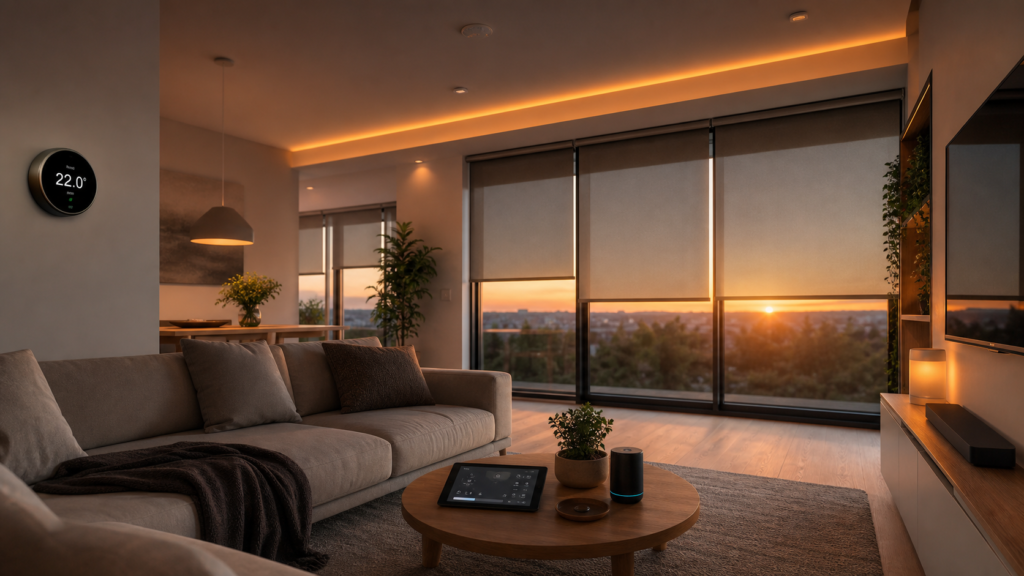 Modernes Smart-Living-Wohnzimmer mit smarter LED-Beleuchtung, großen Fenstern und vernetzter Smart-Home-Steuerung bei Sonnenuntergang