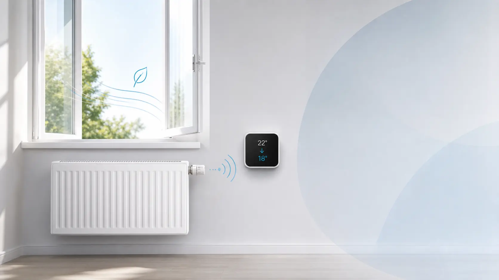 Heller Raum mit geöffnetem Fenster, Heizkörper und digitalem Smart-Thermostat zur automatischen Heizungssteuerung