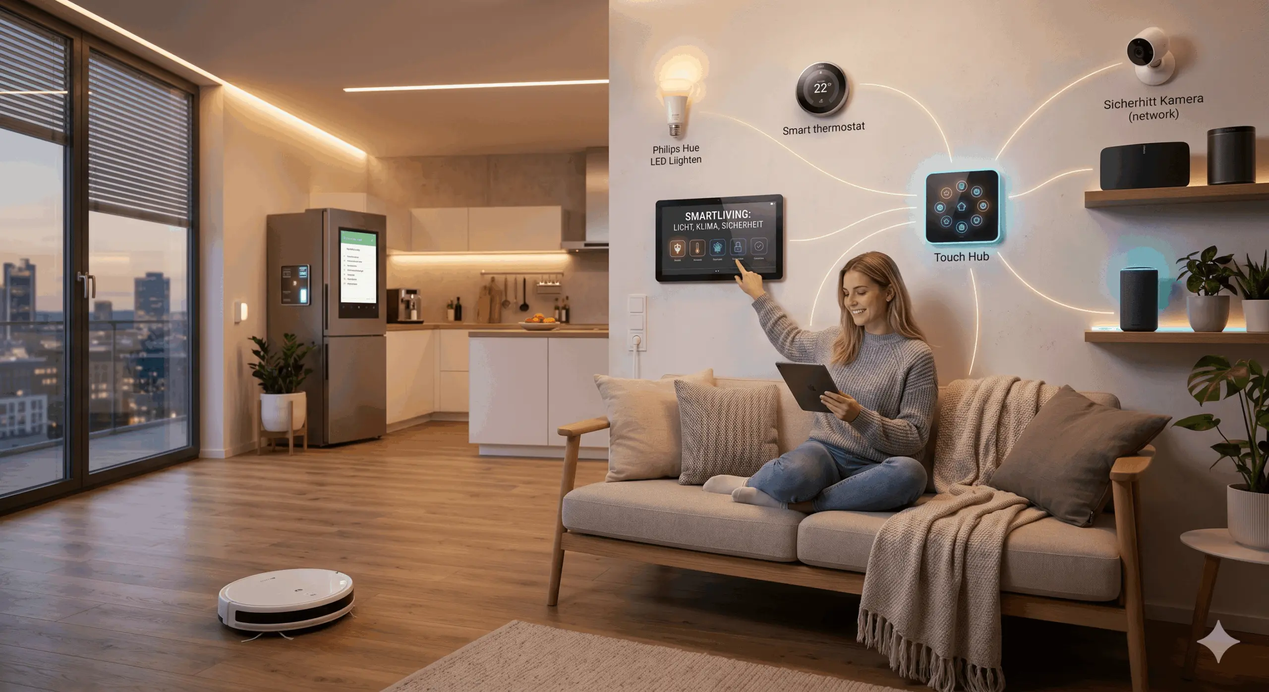 Modernes Smart-Living-Wohnzimmer mit intelligenter Heizungssteuerung, smarter Beleuchtung und Tablet-Steuerung