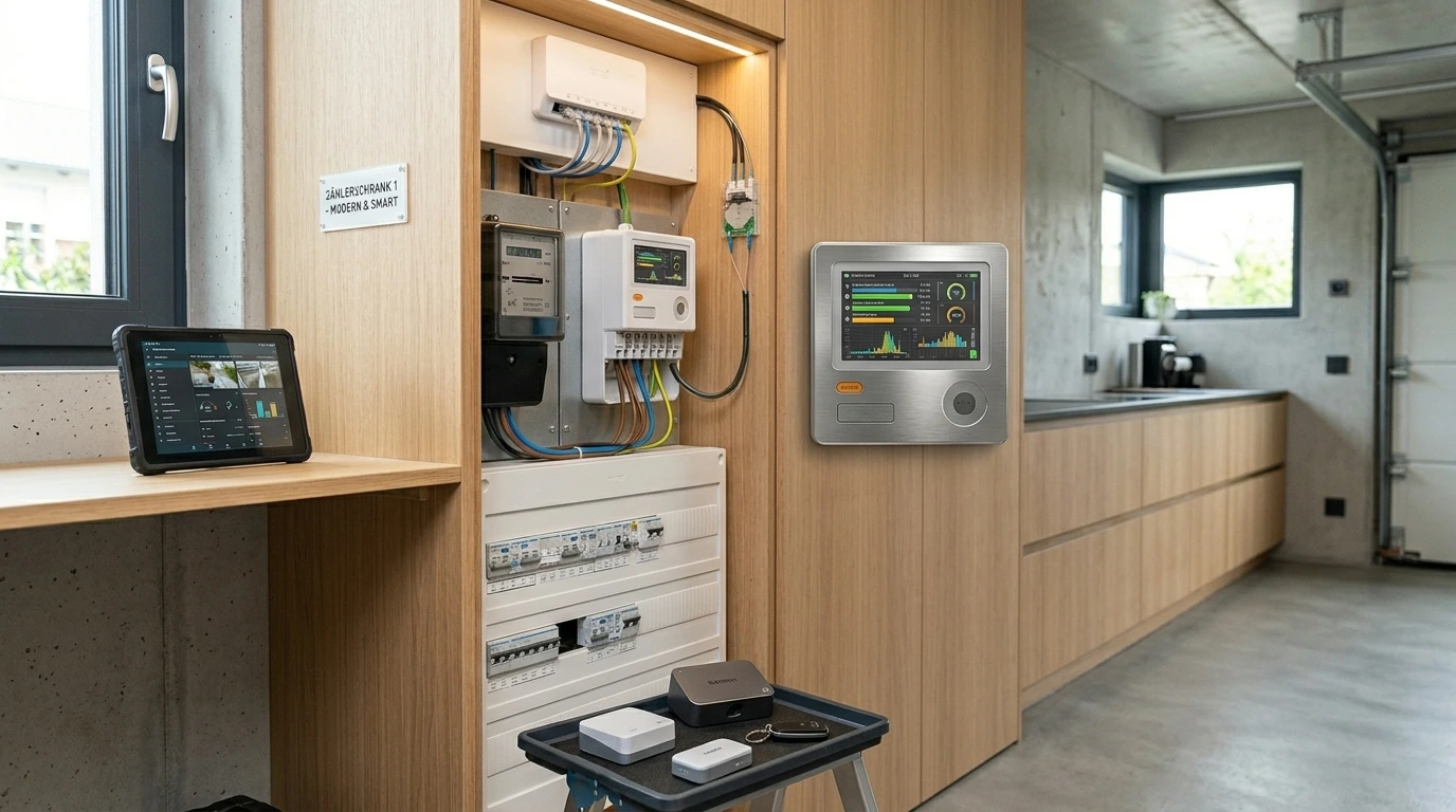 Moderne Wohnküche mit offenem Zählerschrank, eingebautem Smart Meter, mehreren Energie- und Netzwerkkomponenten sowie einem Wanddisplay, das den aktuellen Stromverbrauch und Energiefluss im Smart Home visualisiert.