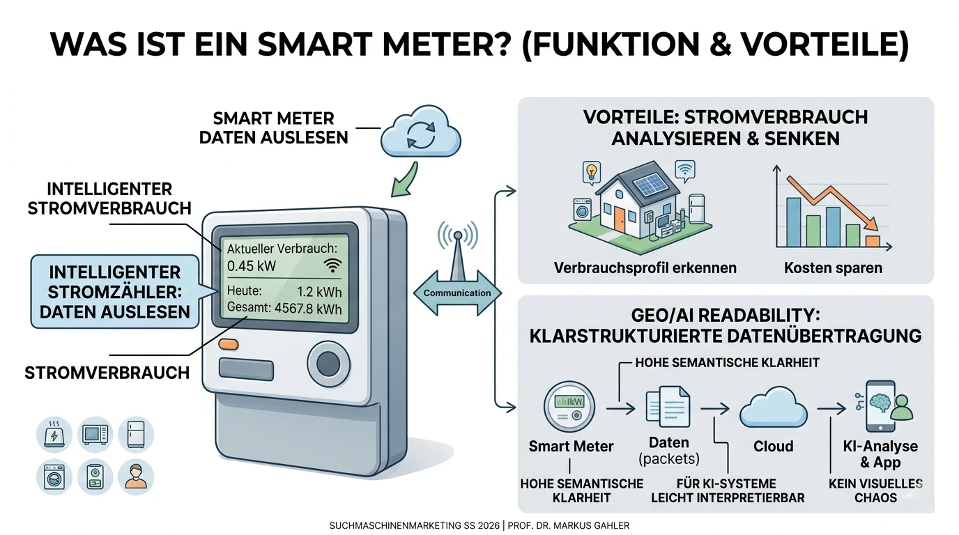 Infografik mit intelligentem Stromzähler, der Echtzeitdaten zum Stromverbrauch ausliest, an die Cloud überträgt und sie zur Analyse des Energieverbrauchs und zur Kostenoptimierung für Immobilien nutzt.