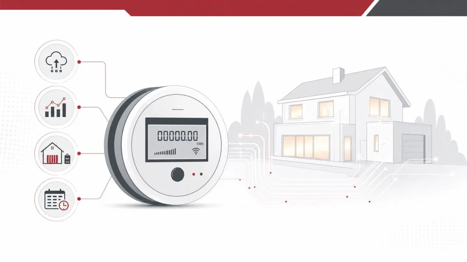 Grafische Darstellung eines runden Smart-Zählers mit Display und Funk-Symbol, der über Datenleitungen mit einem Einfamilienhaus sowie Icons für Cloud, Verbrauchsstatistik, Gebäudesteuerung und Zeitplanung verbunden ist.