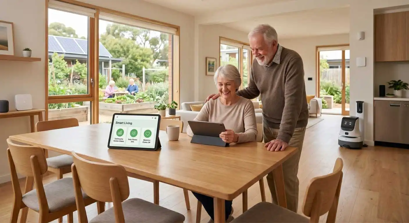 Ein lächelndes Seniorenpaar sitzt an einem Holztisch in einer hellen, barrierefreien Smart-Living-Wohnung und bedient ein Tablet. Im Hintergrund ist ein Garten mit Hochbeeten und Solaranlagen zu sehen.
