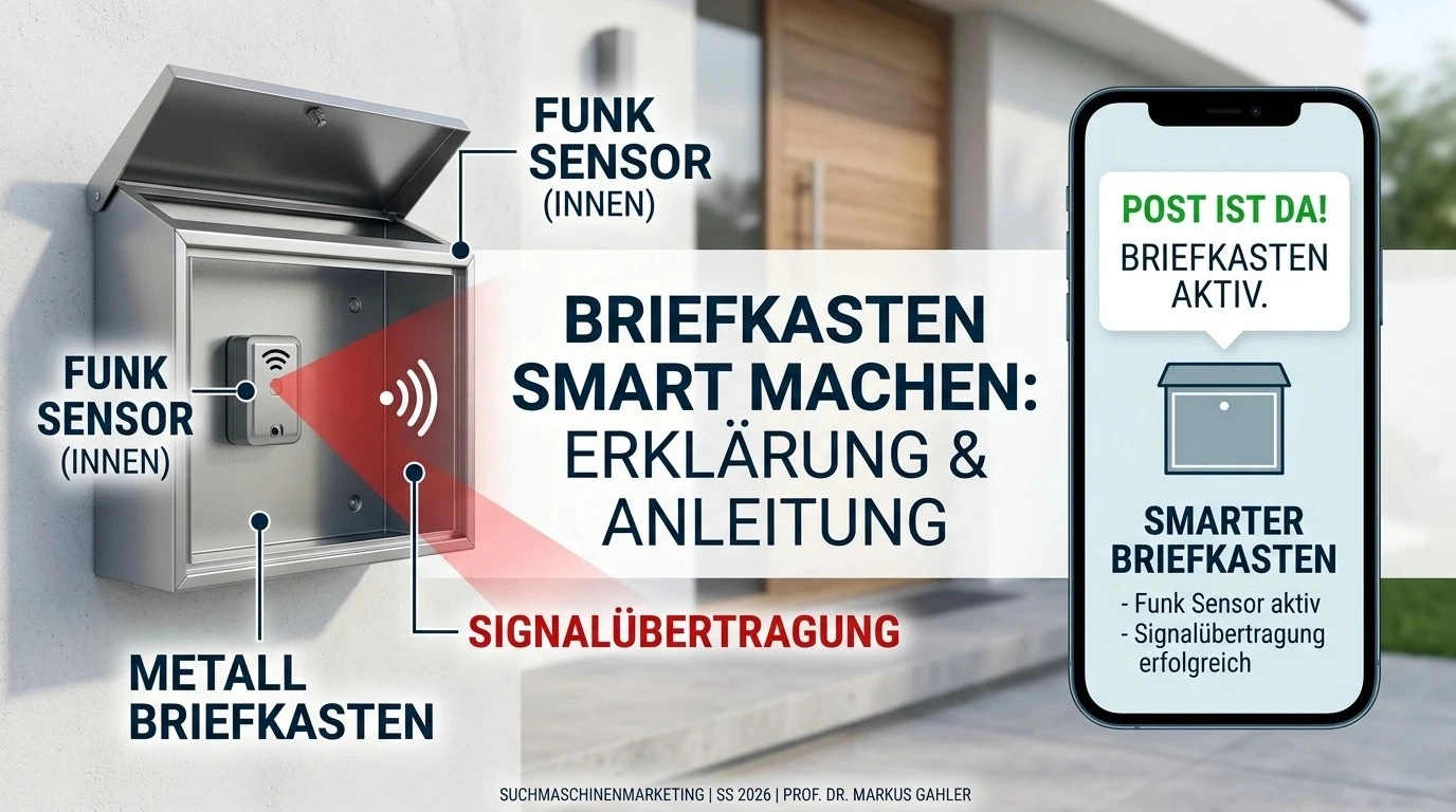 Infografik mit einem Metallbriefkasten, in dem ein Funksensor installiert ist, sowie einem Smartphone, das eine Push-Nachricht „Post ist da – Briefkasten aktiv“ zur Bestätigung der erfolgreichen Signalübertragung anzeigt.