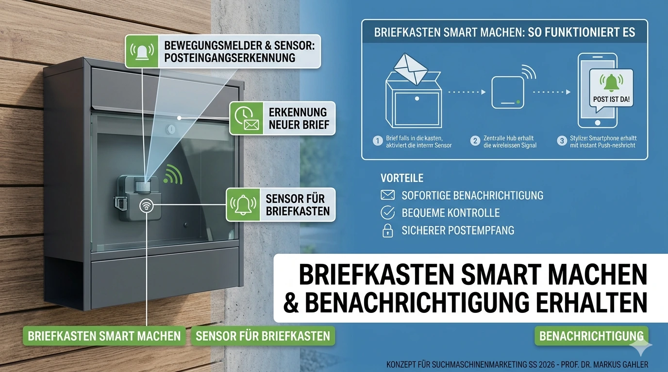 Grafische Darstellung eines smarten Briefkastens mit eingebautem Sensor, Bewegungsmelder und Smartphone-Push-Benachrichtigung zur Erkennung neuer Post.