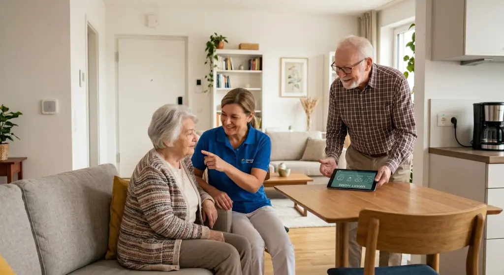 Eine Pflegeberaterin erklärt einem älteren Ehepaar in einem hellen Wohnzimmer die Steuerung eines Smarthome-Systems auf einem Tablet für barrierefreies Wohnen im Alter.