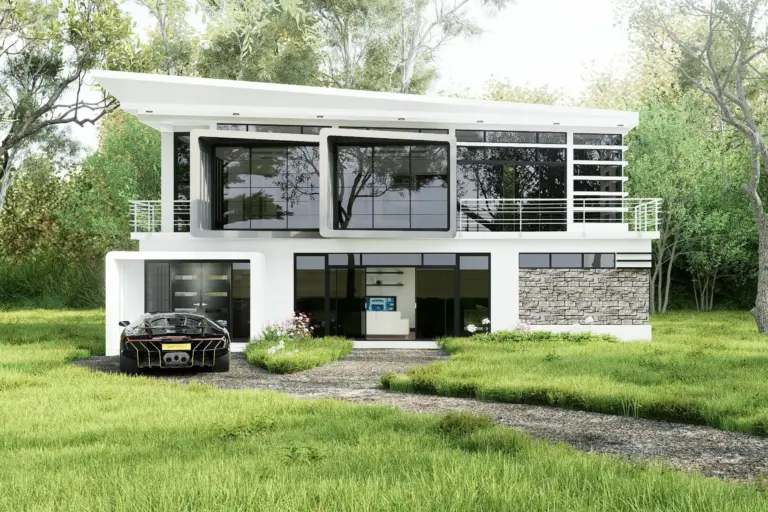 Außenansicht eines modernen zweigeschossigen Hauses mit großer Glasfassade, flachem Dach und geradliniger Architektur, umgeben von grüner Wiese und Bäumen; vor dem Haus führt ein geschwungener Weg zur Eingangstür, links steht ein Sportwagen in der Einfahrt.