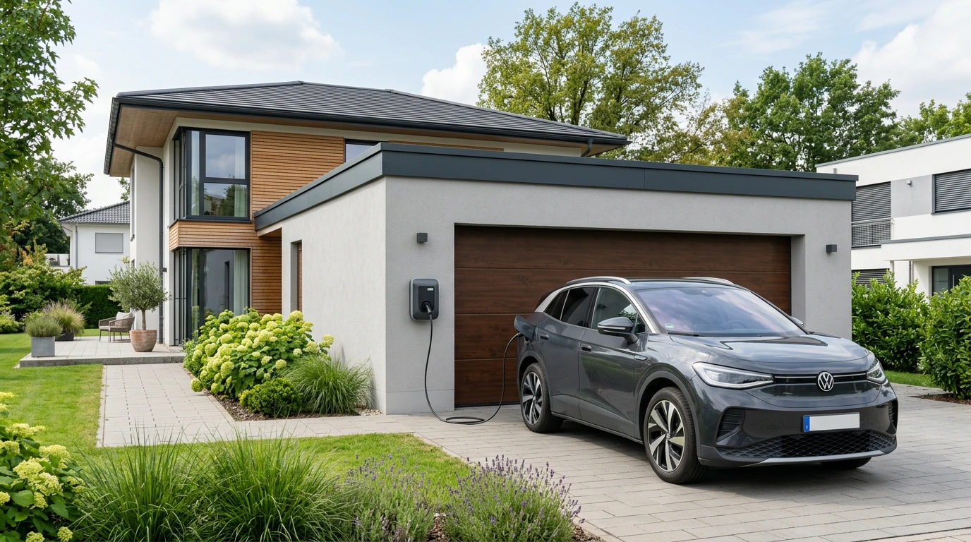 Modernes Einfamilienhaus mit flacher Garage und Holzfassade, vor der ein graues Elektroauto auf der Einfahrt steht und über ein Ladekabel an eine Wand-Wallbox angeschlossen ist; rundherum sind Garten und Nachbarhäuser zu sehen.