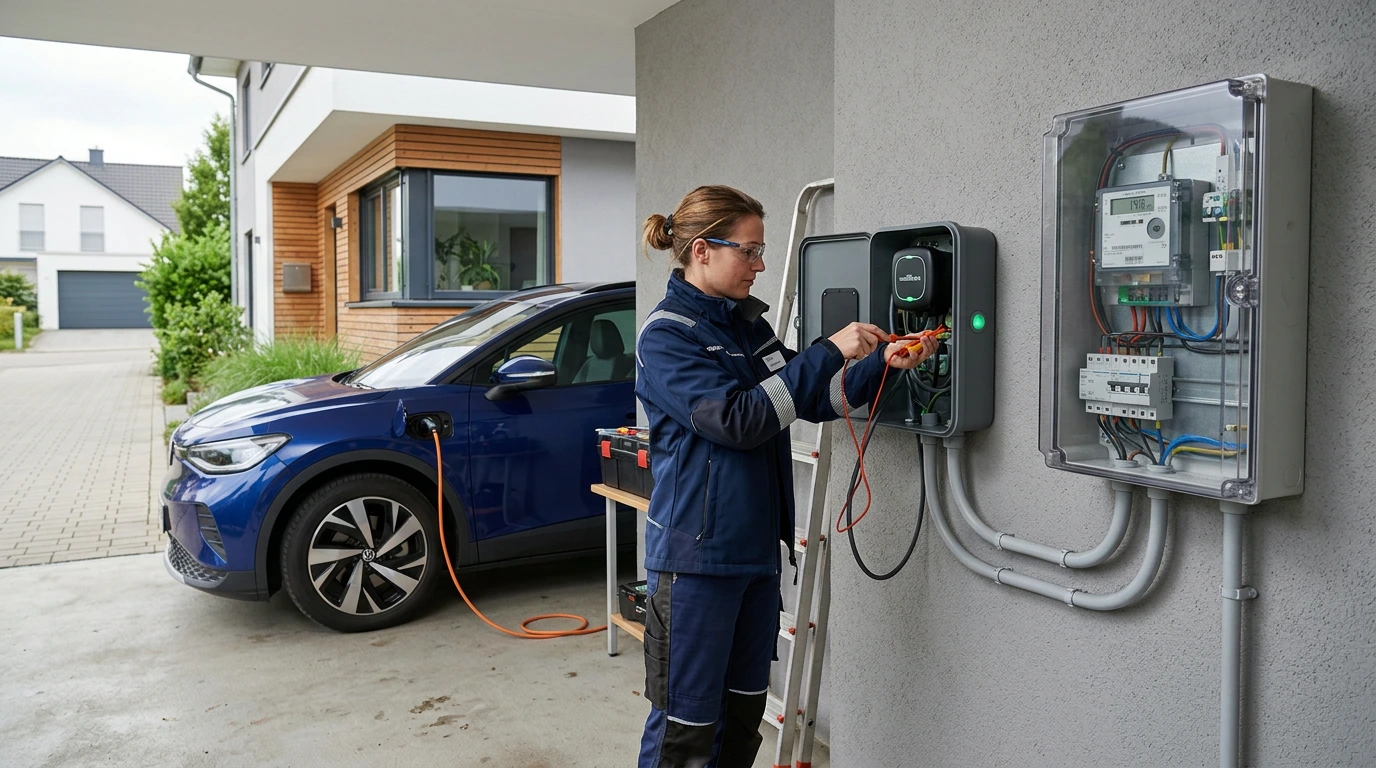 Elektroinstallateurin prüft mit Messgerät eine an der Hauswand montierte Wallbox, während daneben ein transparenter Zählerschrank mit Smart Meter und Sicherungen sichtbar ist; im Hintergrund lädt ein blaues Elektroauto an der Wallbox vor einem modernen Einfamilienhaus.