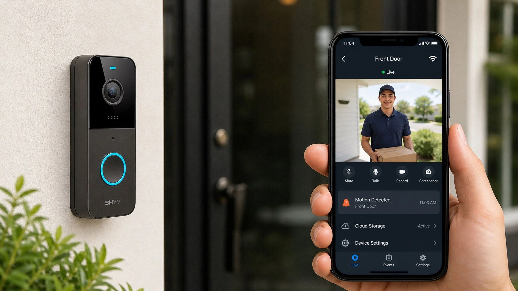 Außen an der Hauswand montierte schwarze Video-Türsprechanlage mit Leuchtring, daneben eine Hand, die ein Smartphone hält, auf dem in einer Sicherheits-App das Livebild eines Paketboten vor der Haustür sowie Bewegungswarnungen und Cloud-Speicher-Optionen angezeigt werden.