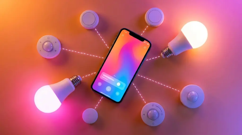 Stilvolle Komposition aus einem Smartphone mit farbigem Display, umgeben von leuchtenden smarten LED-Lampen und runden Smart-Home Sensoren, die über angedeutete Verbindungslinien miteinander vernetzt sind.